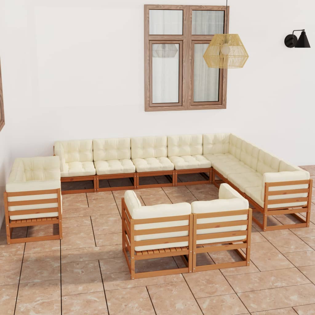 12-tlg. Garten-Lounge-Set Kissen Honigbraun Kiefer Massivholz